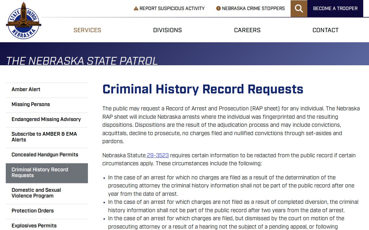 Dodge County criminal history Nebraska State Patrol request page